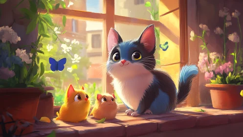 Sunlit Window Garden with Curious Kitten and Chicks.