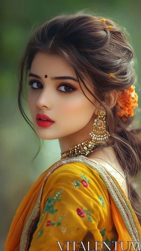 Digital portrait of woman in sari with shallow depth rendition