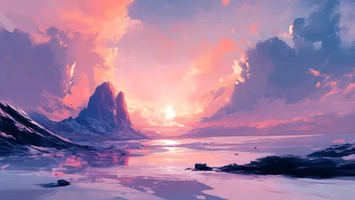 Panoramic alien shoreline at dusk with luminous cloudscape