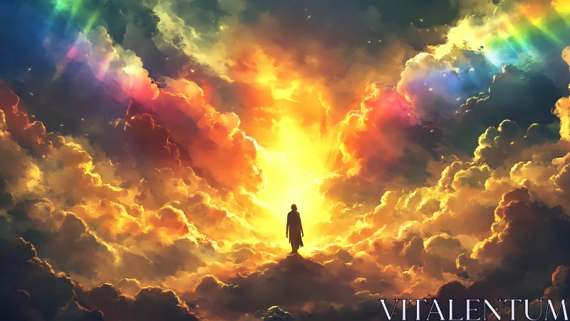 Lone dreamer walking the sunrise gate of painted clouds.