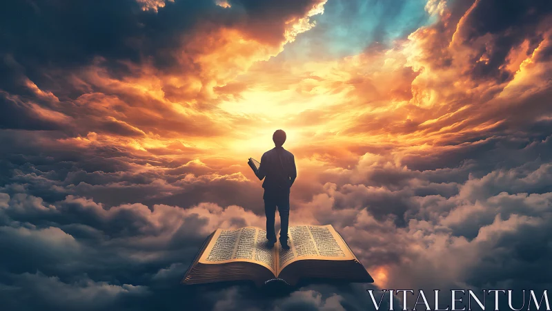 Silhouetted reader stands on open book above glowing clouds