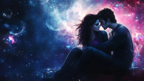 Silhouetted figures against cosmic nebula backdrop.