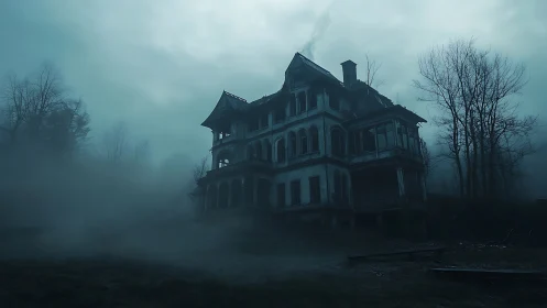 Abandoned Victorian mansion looms in eerie blue misty gloom.