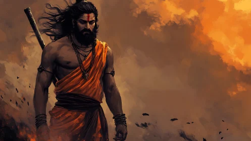 Warrior-sage strides through embers beneath a storm of fire.