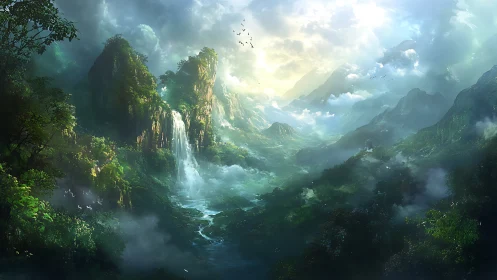 Lush mountain valley with central waterfall under bright sky