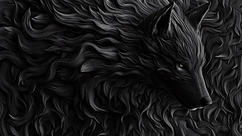Sculpted black wolf portrait uses flowing fur as abstract field