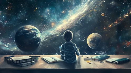 Curious child studies the cosmos from a starlit desk