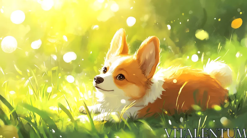 Corgi resting in bright sunlit meadow, warm and peaceful.