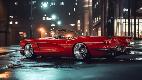 Classic red convertible gleams on moody neon city streets.