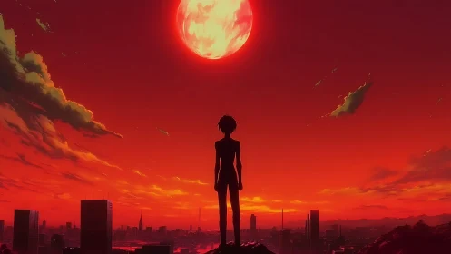 Lone silhouette greeting a crimson supermoon above neon city.