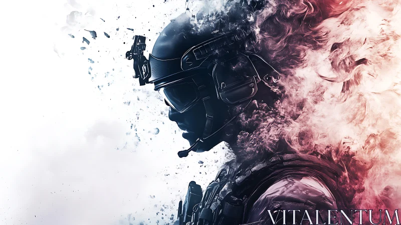 Armored soldier silhouette dissolves into fire and smoke