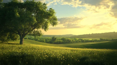 Sunlit meadow landscape with lone tree and glowing horizon.