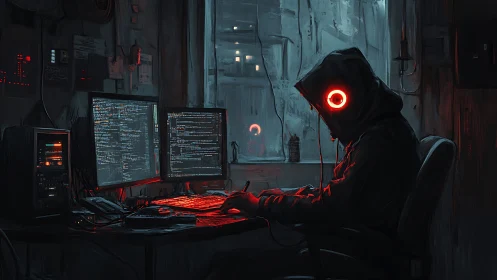 Neon-eyed hacker haunts a midnight code-drenched hideout.
