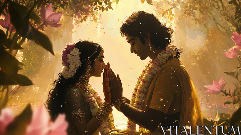 Two adorned figures face each other in a floral garden setting