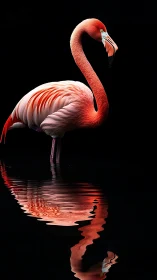 Solitary flamingo with water reflection on black background.