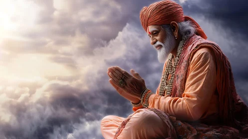 Elderly sage in orange robes prays calmly above glowing clouds