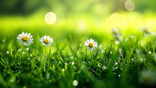 White Daisies in Dewy Grass with Bokeh Sunlight.