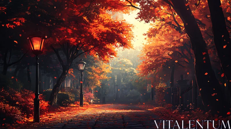 Autumn park path under glowing street lamps at dusk.