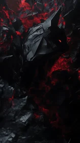 Low-poly black fox head emerges from glowing red shards