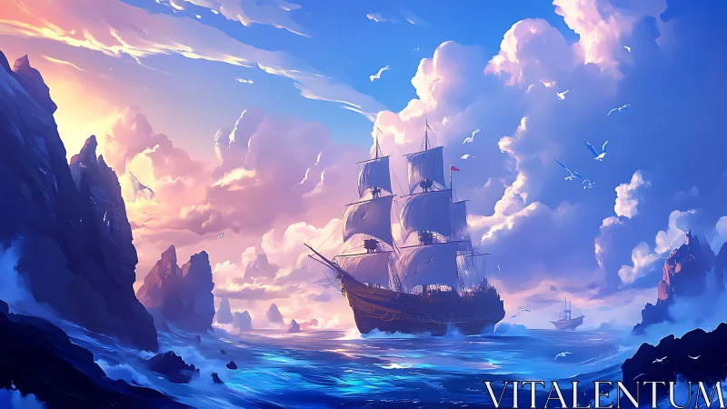 Golden galleon under radiant cloudscape in dynamic seascape.