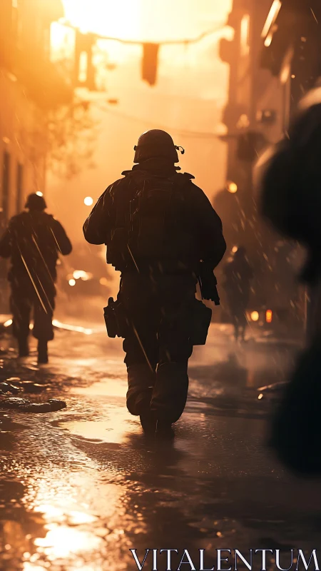 Armed soldiers move through wet city street at dusk.