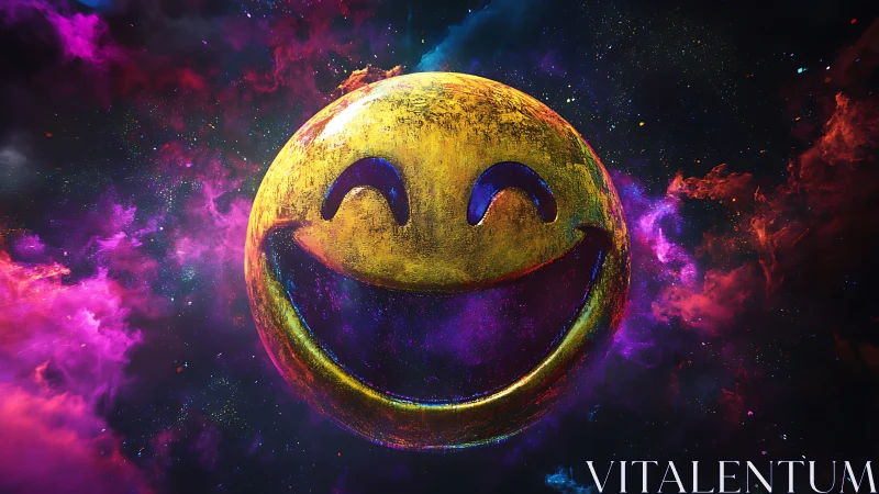 Smiley face sphere rendered in colorful deep space scene.