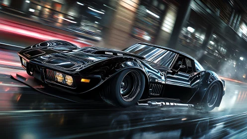 Black muscle car blasts through neon city streets at speed.