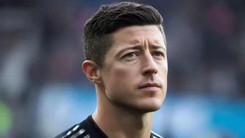 Photorealistic sideline portrait with shallow depth of field.