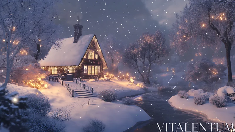 Snowy riverside cottage glows warmly under falling twilight snow.