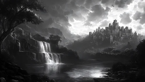 Monochrome citadel skyline contrasts with tiered waterfalls and river