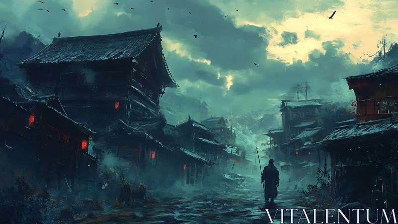 Lone warrior crossing misty samurai street at dusk.