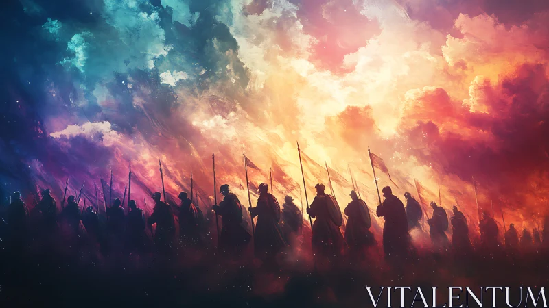 Warriors march beneath prismatic storm-torn celestial sky.