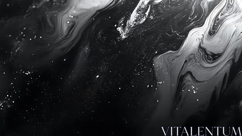 Monochrome liquid nebula flows through dark cosmic field.