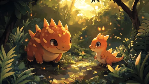 Adorable baby dinosaurs share a glowing forest moment together.