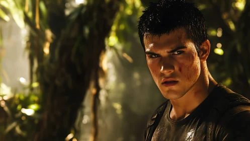 Determined young man with bruised face in dense jungle.