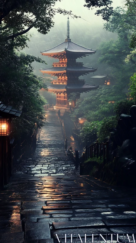 Rain-soaked stone path leads toward illuminated Japanese pagoda
