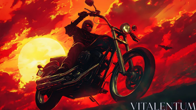 Masked biker drives low chopper before blazing sunset sky