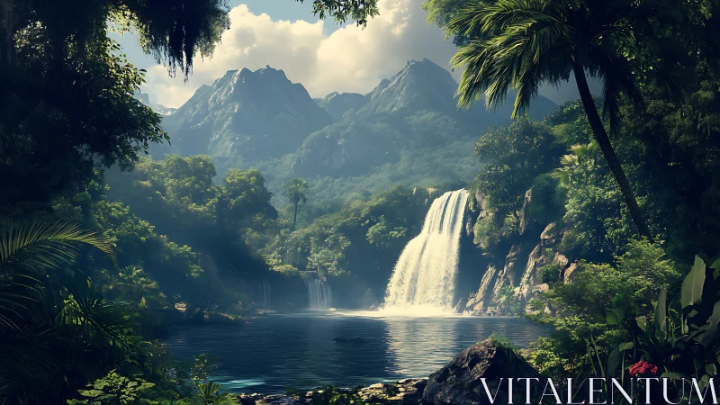 Digital rendering shows tropical waterfall within forest basin