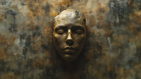 Bronze sculpted human face mask mounted on textured wall