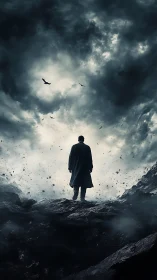 Solitary human figure on rocky ground beneath storm clouds.