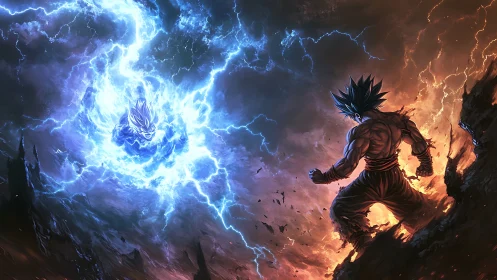 Electric duel between fiery warrior and storm-charged rival.