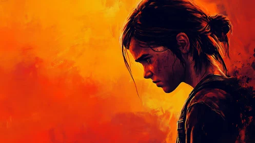 Solitary girl in profile against blazing orange sky.