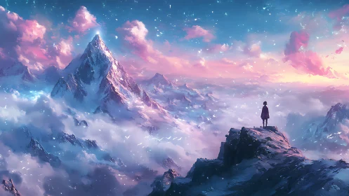 Solitary figure overlooks luminous pastel mountain range