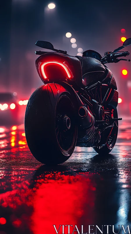 Futuristic motorcycle on wet city street at night.