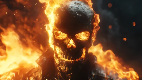 Burning skull rendered with high contrast lighting and flames