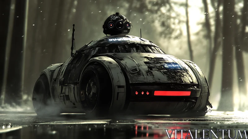 Futuristic armored rover with sensors in misty forest.