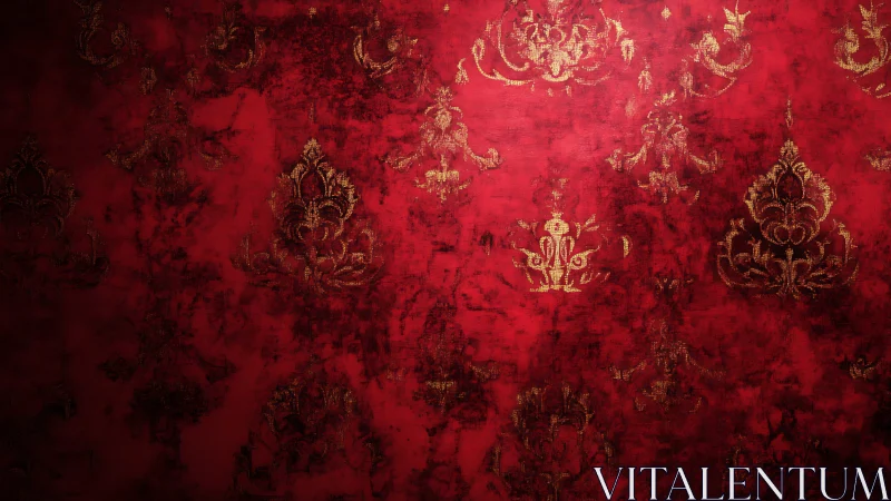 Red damask wall shows distressed gold ornamental patterns