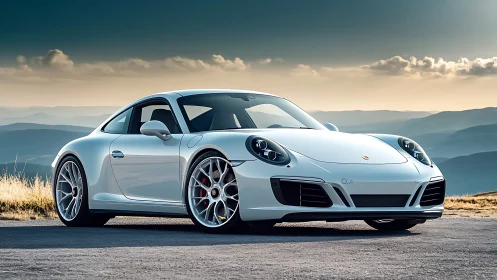 White sports coupe parked on mountain roadside at dusk.
