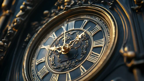 Ornate macro study of gilded Roman numeral clockface geometry.