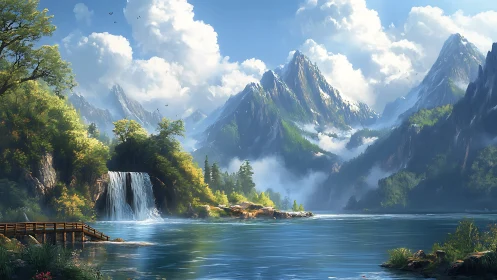 Layered alpine landscape integrates waterfall, lake, and cloud volumes